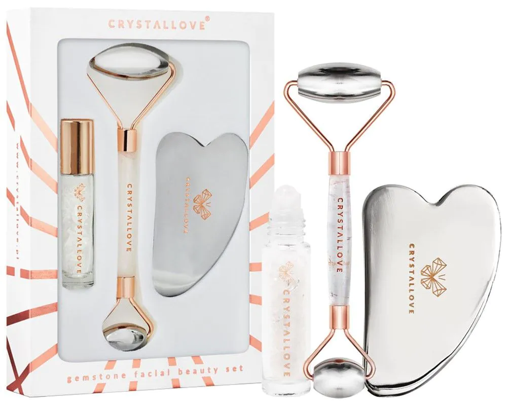 Crystallove Cryo Ice Beauty Set (Masażer do twarzy + Płytka Gua Sha + Buteleczka Roll-On)