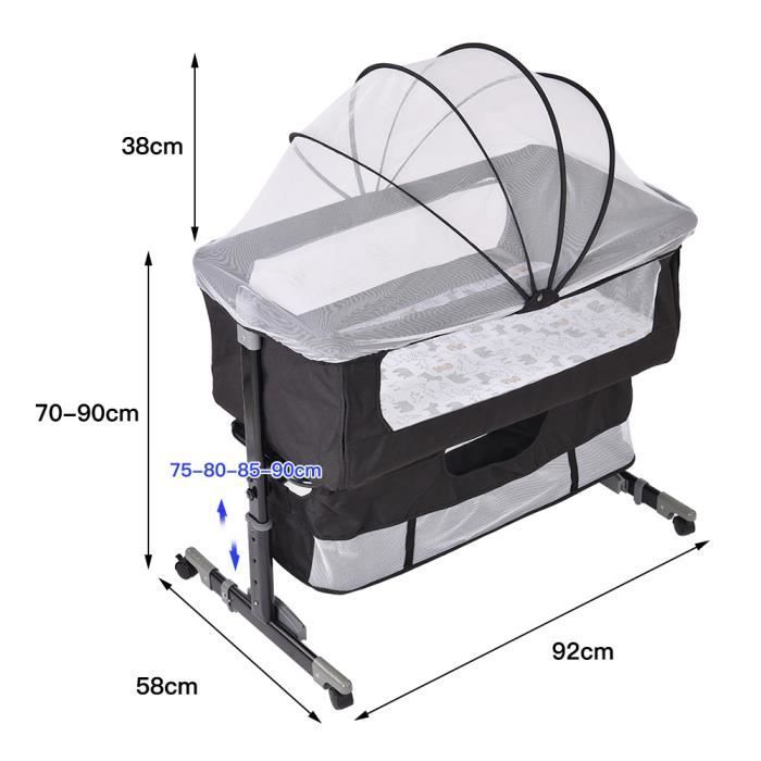 HUOLE. Berço de viagem 2 em 1, cama infantil com rodas, altura ajustável 92*58*70-90cm, berço para dormir junto com o bebê.