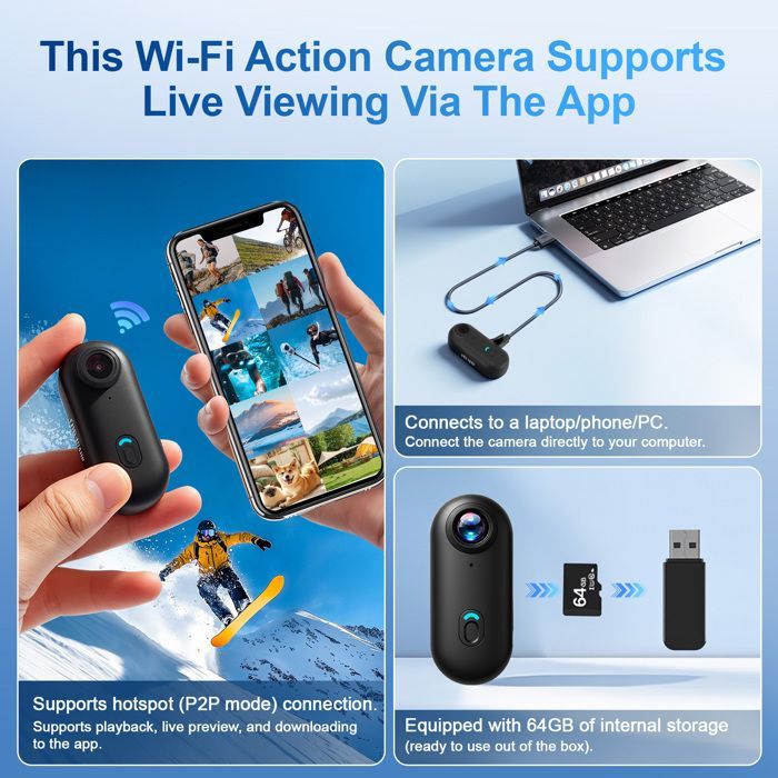 Action camera 4K impermeabile 64GB Mini bodycam per bici dashcam WiFi Action camera Body camera Moto camera Sports camera per ciclismo