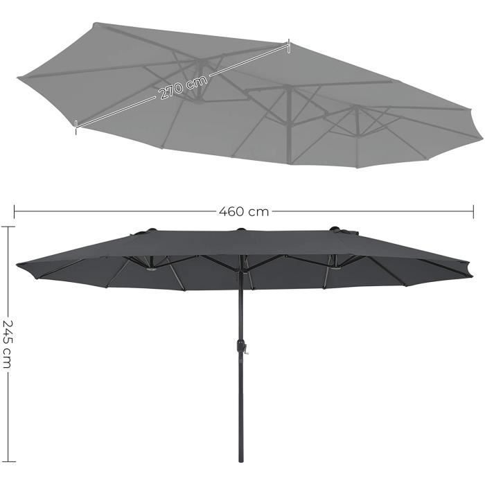 SONGMICS Dubbele Parasol 460 x 270 cm - Grijs - Tuin - Metaal - Polyester - Handmatig