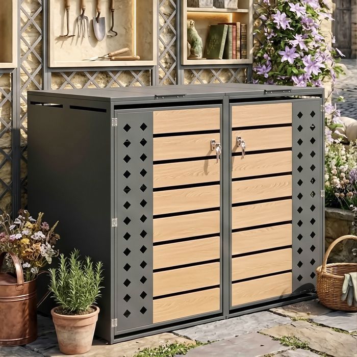 Cache-Poubelle Double 132×80×118.5cm - Couvercle Hydraulique - Design Losange & Verrouillable - Acier Galvanisé Aspect Bois