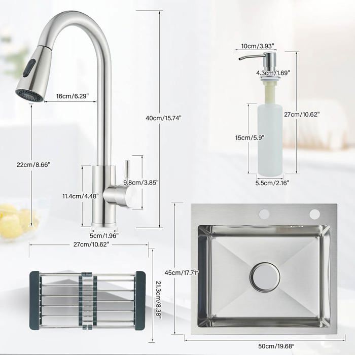 Lavello da cucina in acciaio inox, 1 vasca, vasca singola, vasca grande, dispenser di sapone, cestello scolapiatti (55 * 45 cm)