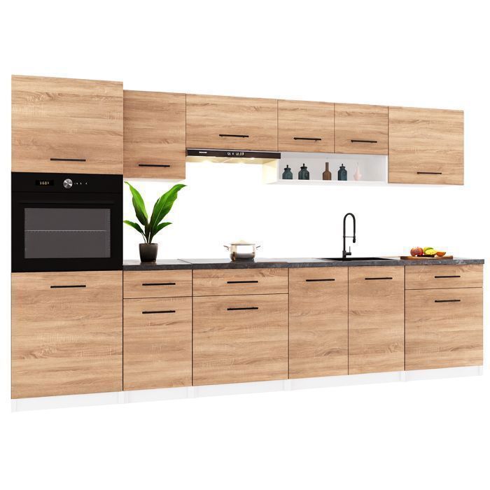 Cocina completa VIKI de madera de roble, 300 cm, con columna de horno, 9 módulos, 18 mm de espesor.