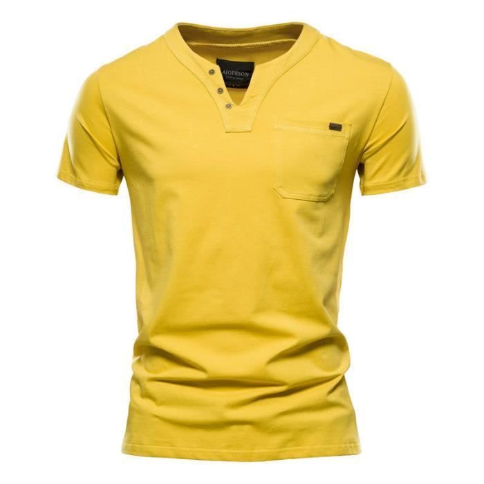 Men's Short Sleeve T-Shirt with Pocket, Cotton V-Neck Tee, Solid Color, Comfortable Fabric - Yellow