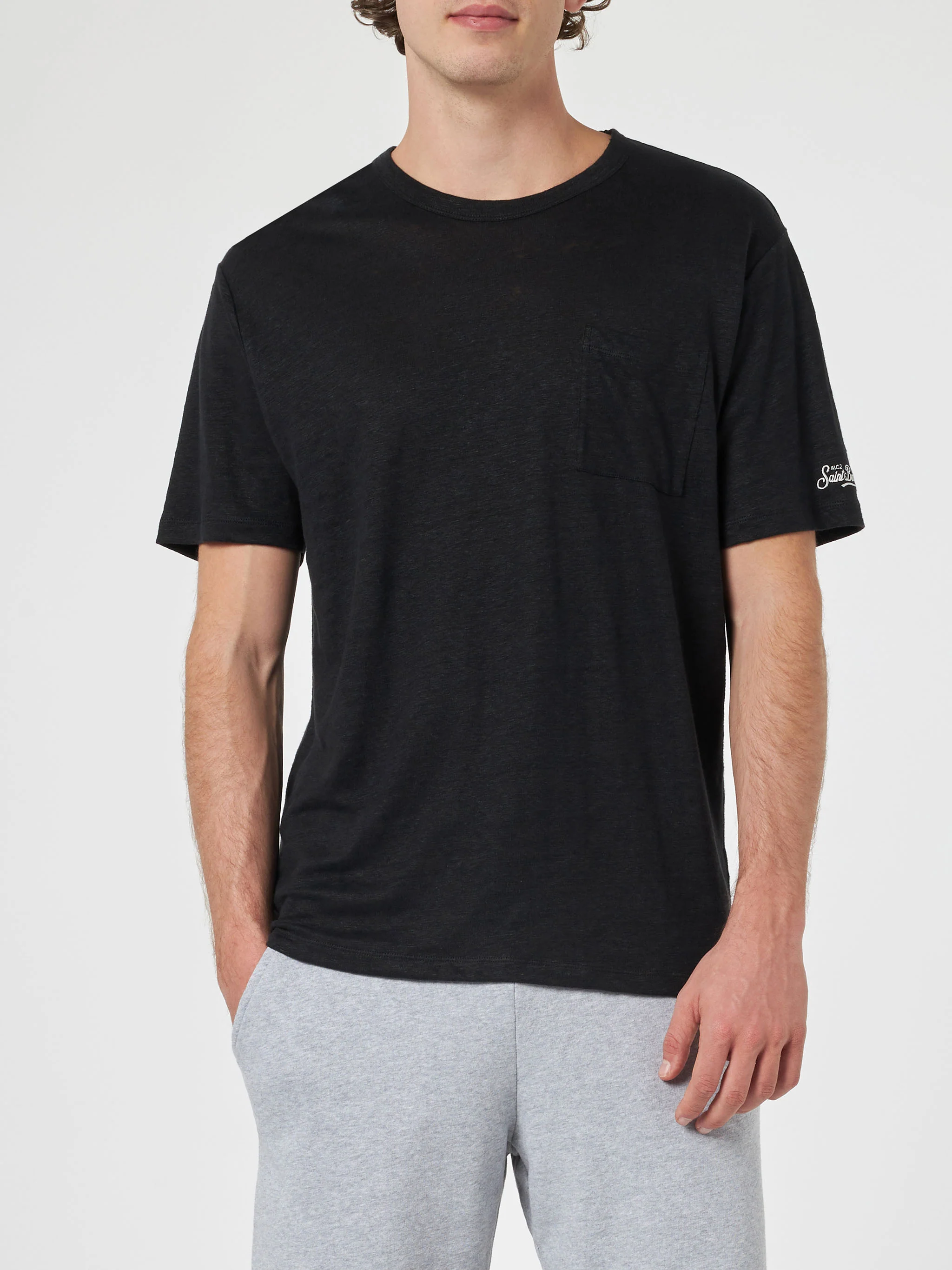 Camiseta de punto de lino negro para hombre de Ecstasea con bolsillo