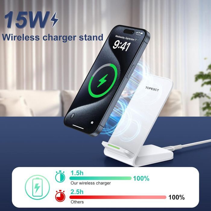 Cargador inalámbrico, 15W con certificación Qi, TOPESCT, para iPhone 16/15/14/13/12/11/XR/X/8, Samsung Galaxy S24/S23/S22/S21/S20