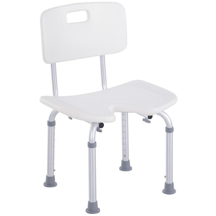Silla de ducha - HOMCOM - ergonómica - altura regulable - patas antideslizantes - carga máxima 136 kg - aluminio HDPE - blanca