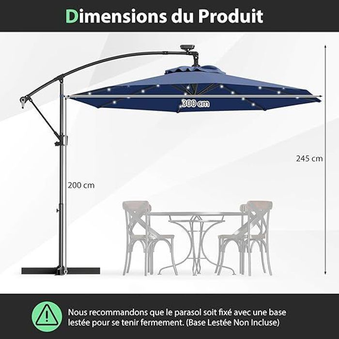 Parasol de Jardin Extérieur -RELAX4LIFE- 3M - Rotation à 360° - 32 LED Solaire - Parasol Déporté Manivelle - 8 Baleines -Bleu Foncé