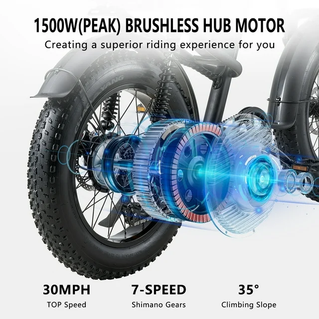 Ridingtimes Z8 Snow E-bike voor volwassenen, 20 inch dikke banden, 1500W motor, 45 km/u, 6-laags volledige vering
