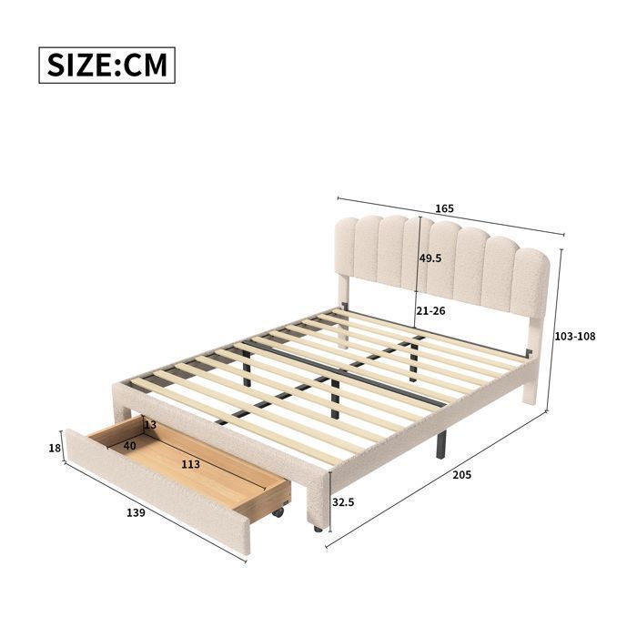 Lit 160 x 200 cm avec tête de lit et sommier, lit 2 Personnes avec tiroirs et ports USB, cadre de lit 160x200, velours teddy, beige