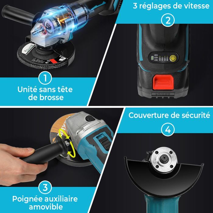 Meuleuse d'angle Sans Fil 125 mm avec Batterie, Moteur Sans Balais 22 000 RPM, 3 Vitesses pour Découpe, Polissage et Ponçage