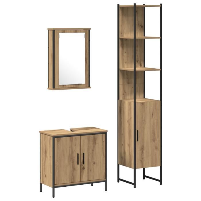 Conjunto de muebles de baño - 3 piezas - Roble artesanal - Acabado mate - Estilo contemporáneo