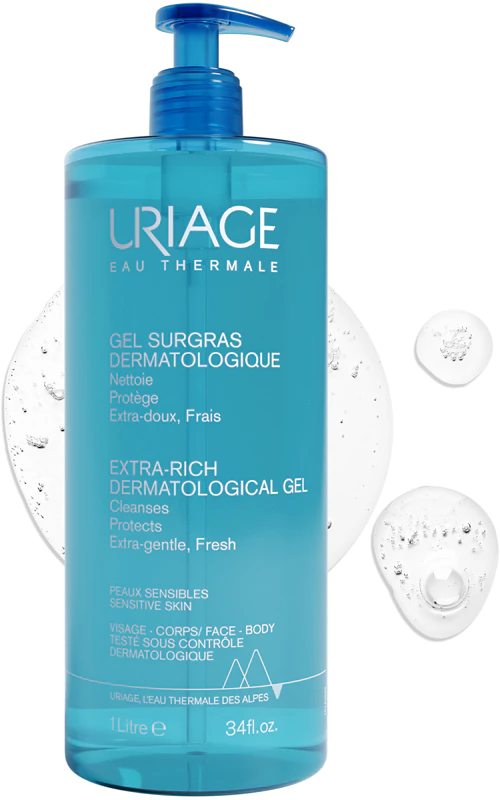 Uriage Hygiène Gel Dermatológico Extra-Rico, gel de limpeza para rosto e corpo.