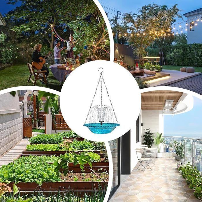 Fuente solar colgante para pájaros – Comedero decorativo para pájaros para jardín, balcón y terraza – Incluye bebedero para colibríes y caja nido azul.