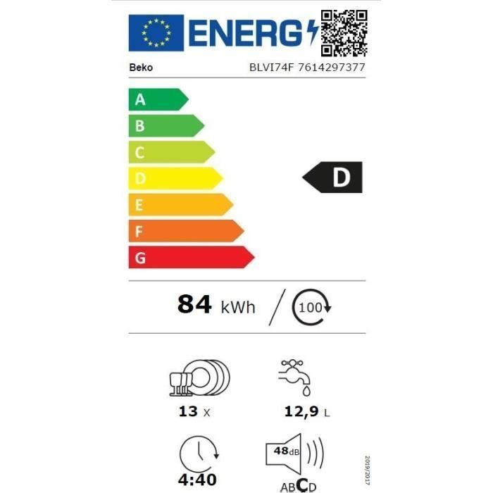 Lave-vaisselle tout encastrable BEKO BLVI74F - 13 couverts - 48 dB