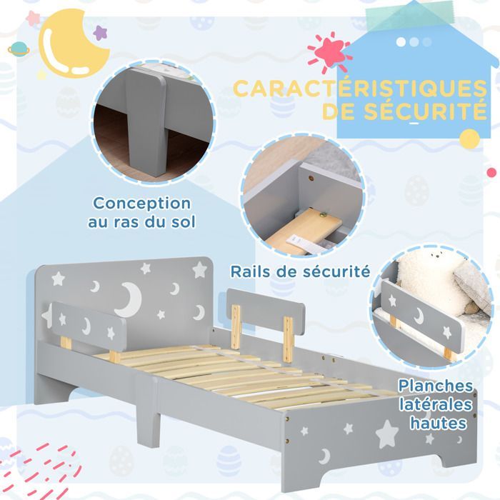 Lit pour enfants - ZONEKIZ - de 3 à 6 ans - design étoiles et lune - sommier à lattes inclus - 143 x 76 x 49 cm - gris