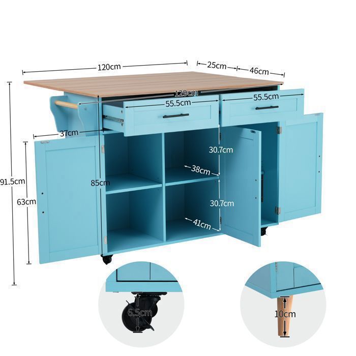 Desserte de Cuisine avec plan de travail, 2 Tiroirs et 3 Portes, Bîlot de cuisine extensible sur roulettes, 129x46-71x91.5cm, Bleu