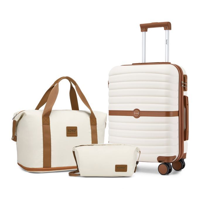 Juego de 3 maletas de viaje Kono, 55 cm, maleta con 4 ruedas y cerradura + neceser plegable con bolsa de maquillaje, color crema.