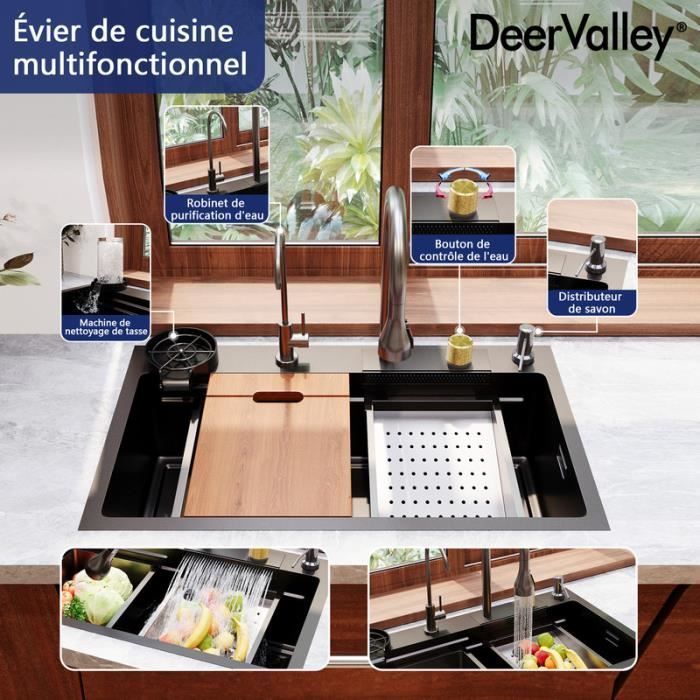 Lavello da cucina a cascata Deervalley DV-EU1K0183 nero, 75 cm x 46 cm, con accessori, vasca singola con guarnizione in vetro.