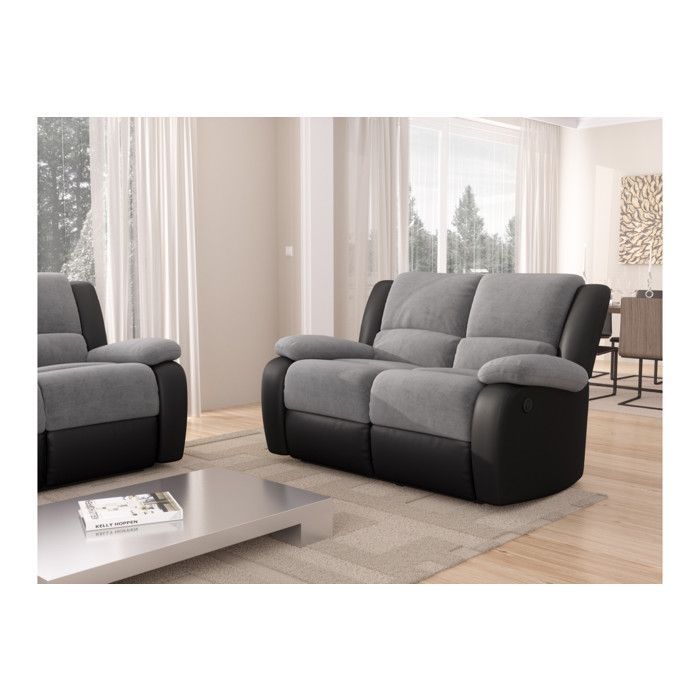 Canapé de Relaxation électrique 2 places Microfibre et Simili LEO - Gris et Noir - L143 x 93 x 96cm - LOUNGITUDE