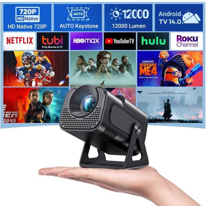 Mini proiettore portatile, supporto 4K 1080P, WiFi6, Bluetooth, proiettore LCD da 12000 lumen, correzione trapezoidale automatica con iOS/Android - Nero