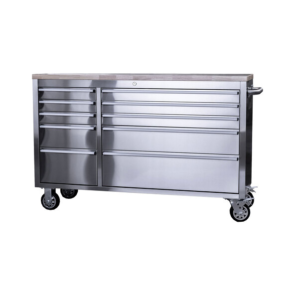 Stainless steel workshop trolley, 10 drawers, 148 cm