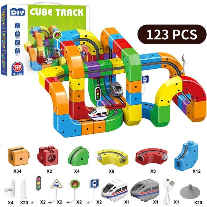 Juego de 123 piezas de pistas magnéticas para coches eléctricos, construcción modular creativa de pistas con tren eléctrico, circuito de 360°