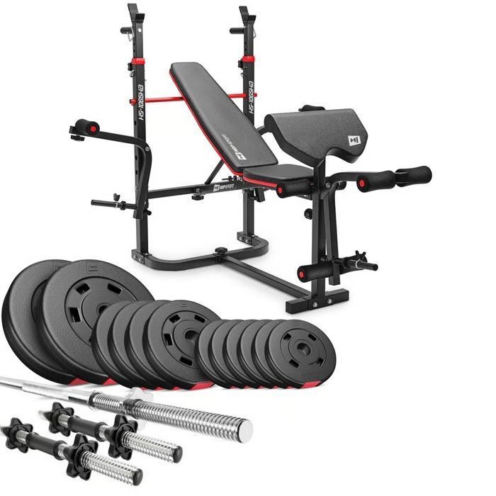 Hop-Sport HS-1065 opklapbare halterbank met 38 kg halterset, curlpad, butterfly-apparaat en leg press.