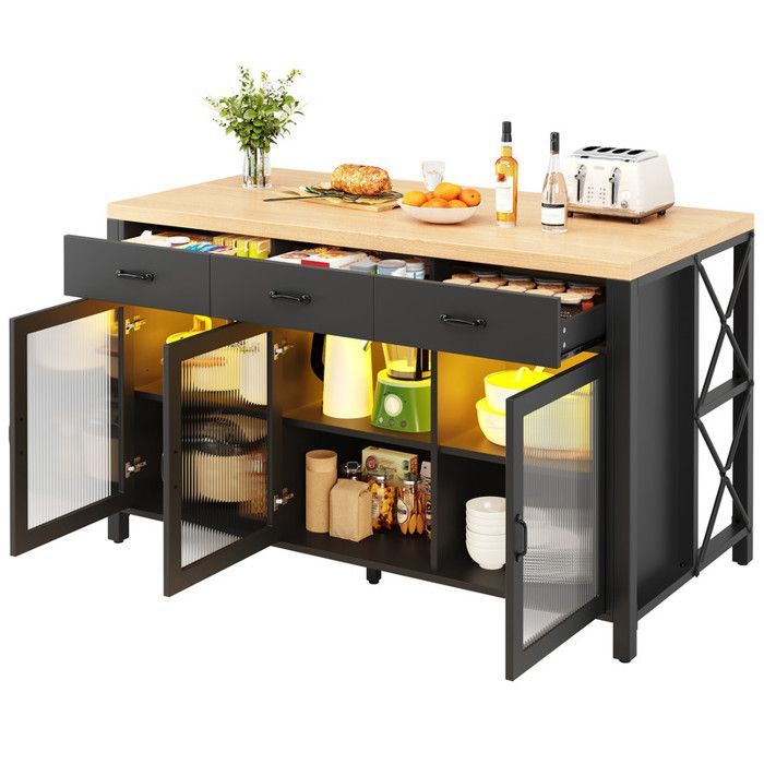 Luscriate - Isla de cocina con 4 taburetes, juego completo con cajones y armarios de almacenamiento, encimera, LED