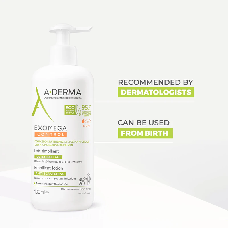 A-Derma Exomega Control Emollient Lotion bodylotion tegen huidirritatie en jeuk.