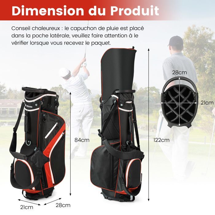 COSTWAY Tripod Golf Bag - Rainproof Hood - 14-Way Top Dividers - 6 Pockets - Insulated Bag - Double Straps - Red