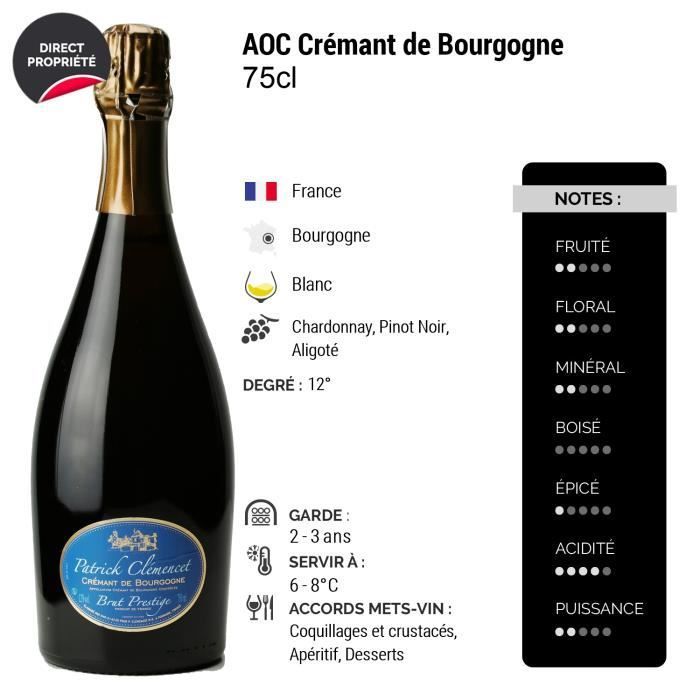 Crémant de Bourgogne Brut Cuvée Prestige Blanc - Patrick Clémencet - Vin effervescent AOC Blanc de Bourgogne - Lot de 3x75cl -