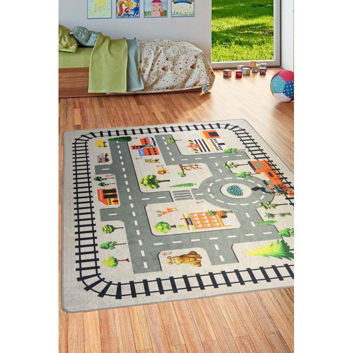 Tapis - CIRCUIT ZOO - Gris - Doux au toucher - Antidérapant - Lavable en machine