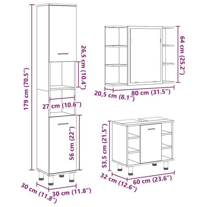 Badezimmermöbel-Set KALISSE – 3-teilig – Holzwerkstoff – Altholz – 80 x 20,5 x 64 cm – 30 x 30 x 179 cm