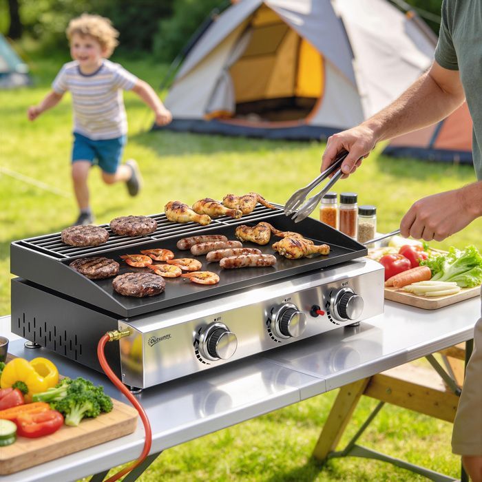 Gas griddle - gas barbecue - Outsunny - 3 burners, enamelled plate, 7.5 kW, warming rack - stainless steel - 62x44x21cm - black