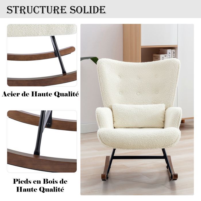 Mecedora, silla de lactancia para bebé, tela bouclé, estilo escandinavo, estructura de madera de hevea, beige.