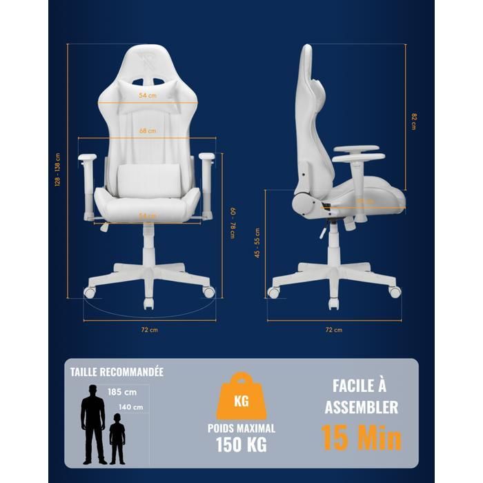 Chaise Gaming Blanc Ranqer Felix - Fauteuil Gamer Ergonomique - Similicuir Haute Qualité - Dossier Inclinable et Coussins Lombaires