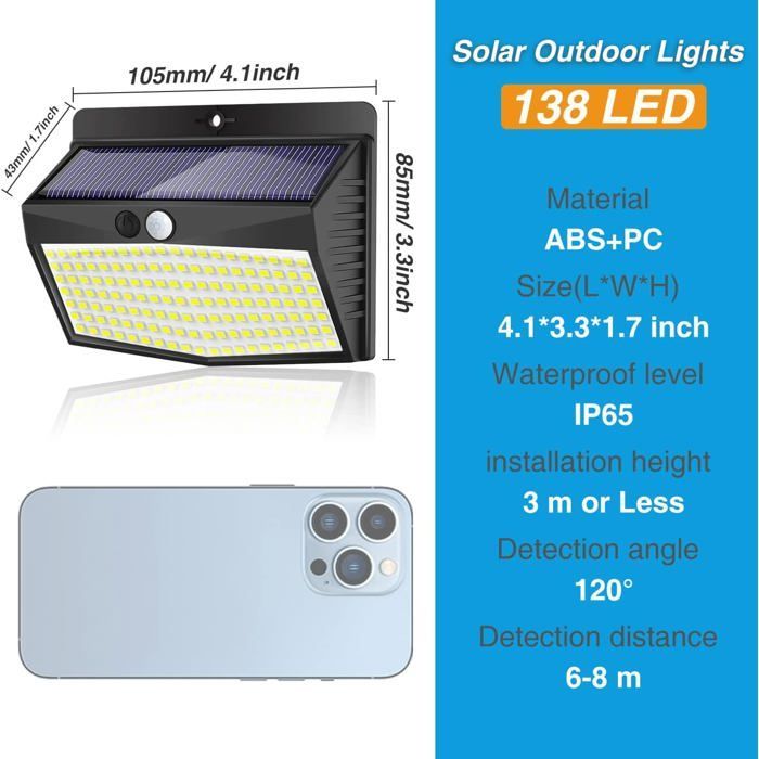 Conjunto de 2 Luminárias Solares Externas, 138 LEDs, Sensor de Movimento, À Prova D'Água, 3 Modos de Iluminação Externa