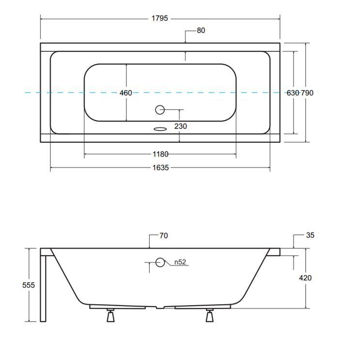 Rectangular bathtub 180x80 + bamboo board, siphon + feet - 4-in-1 - QUADRO