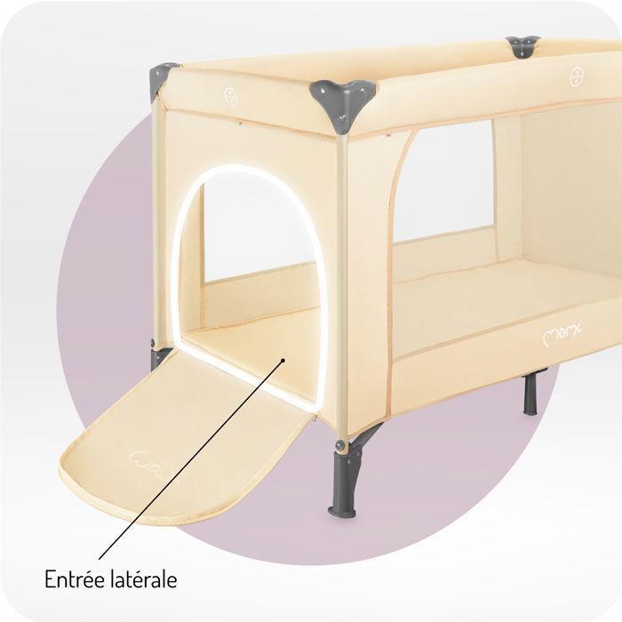 MoMi BELOVE PLUS - Lit parapluie bébé avec matelas, arche de jeux, table à langer + sac - 2 niveaux de couchage - 15 kg - Beige