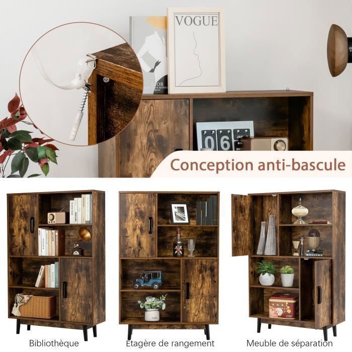 COSTWAY Bibliothèque à 4 Niveaux 80 x 24 x 119,5 CM, Meuble de Rangement avec portes, Étagères et Dispositif Anti-basculement, Café