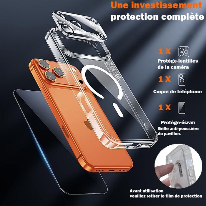 iPhone 17 Pro Max case with MagSafe magnetic closure, tempered glass, camera protector, shockproof TPU bumper, transparent, anti-yellowing, hard PC back