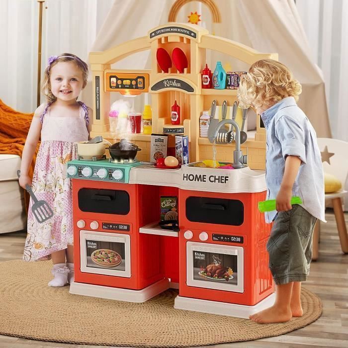 COSTWAY Kinderkeuken met 42 accessoires, speelkeukenset, realistische licht- en geluidseffecten, kerst- en verjaardagscadeau voor kinderen vanaf 3 jaar, oranje