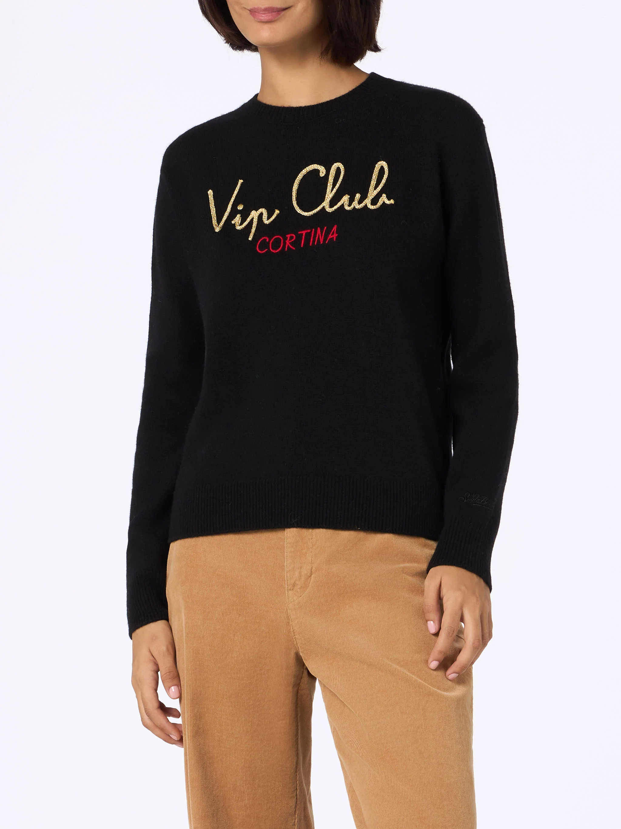 Maglione da donna nero New Queen con ricamo Vip club Cortina | VIP CLU