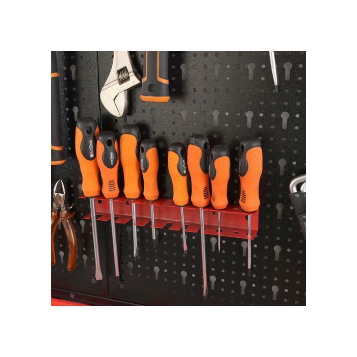 Tablero perforado de metal - BOTELLA - 120 x 60 cm - 25 piezas - Soportes y ganchos incluidos - Negro y rojo