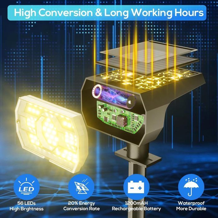 Lámpara solar para exteriores, 56 LED, 3 modos de iluminación, foco solar para exteriores, proyector LED impermeable IP65 para jardín, luz blanca cálida.