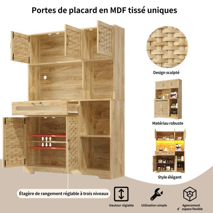 Versatile kitchen sideboard - MODERNLUXE - 137x45x178 cm - 2 doors - 3 drawers - 8 shelves - LED lighting - Natural