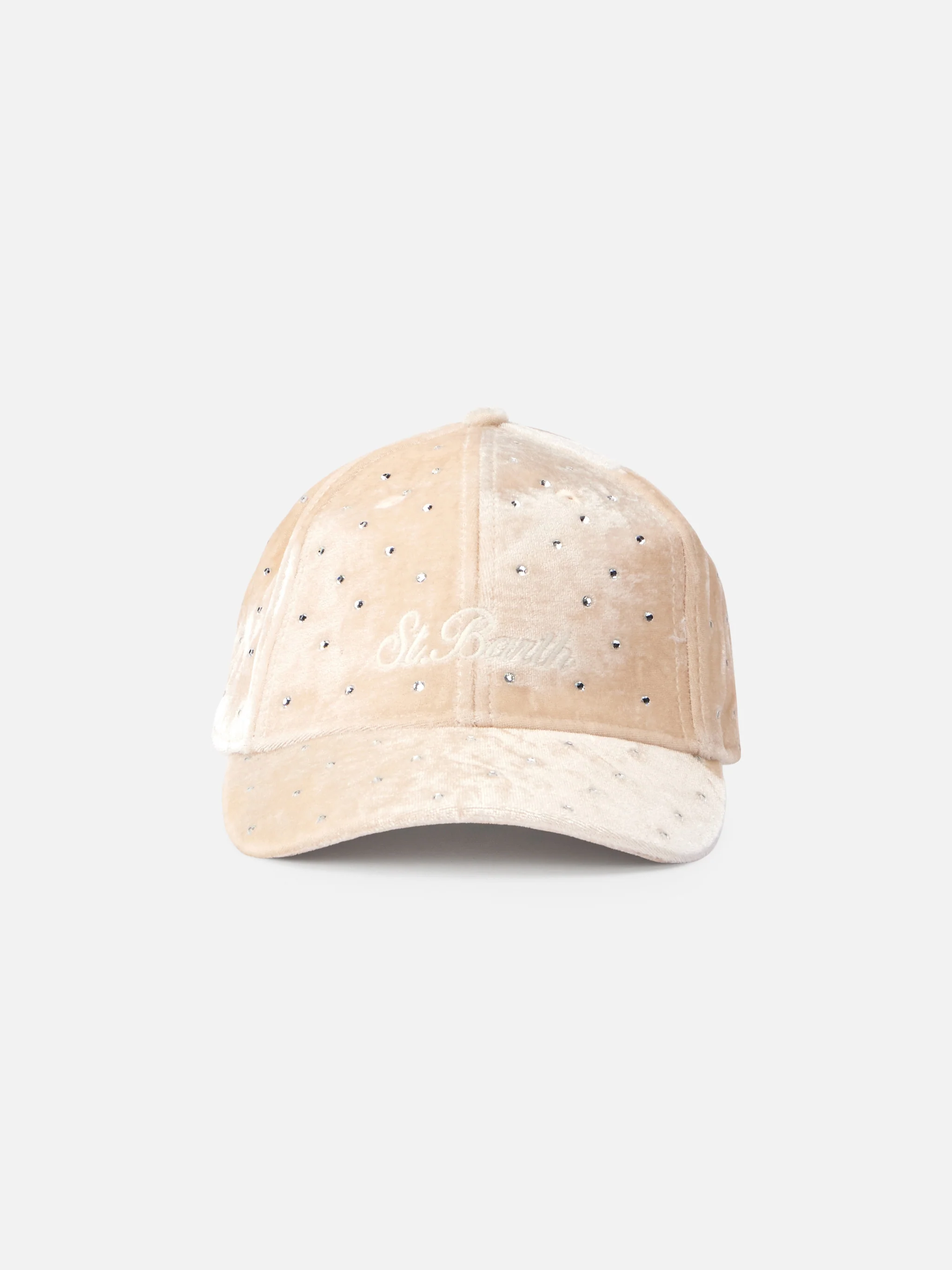 Beige fluwelen baseballpet met strassversieringen