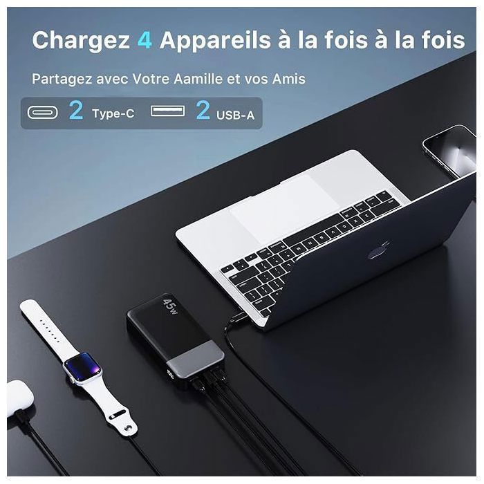 Nobis 20000mAh 45W externe batterij, powerbank met 4 poorten, snelladen, digitaal led-display, compatibel met MacBook en telefoons, zwart
