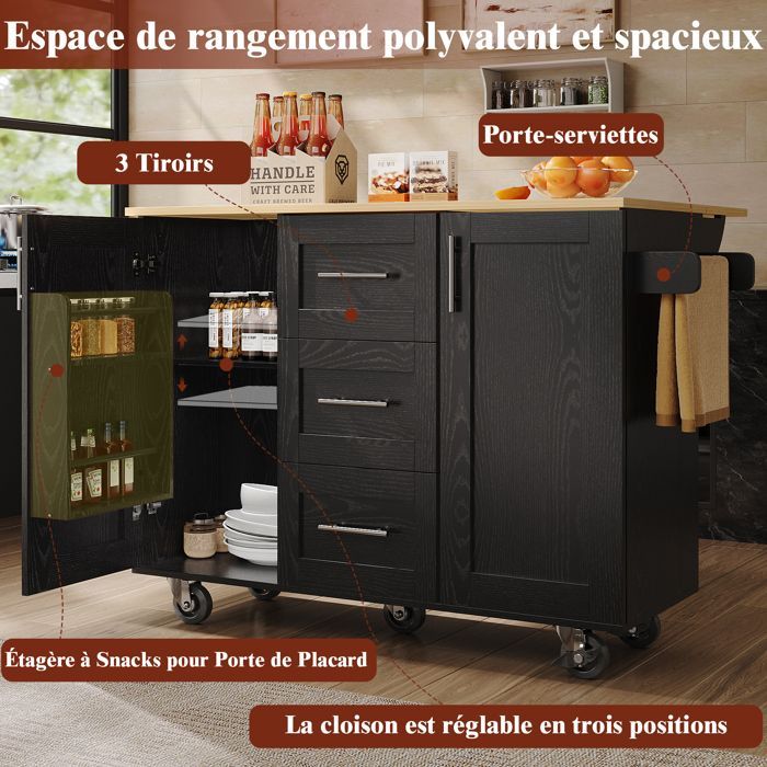 Buffet Cuisine,Îlot de Cuisine Multifonctionnel avec 3 Tiroirs de Rangement,Porte-Serviettes avec Roulettes,Noir